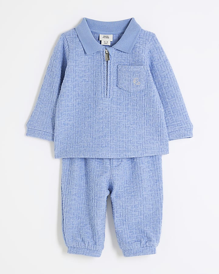 Baby Boys Blue Textured Quarter Zip Shirt Set