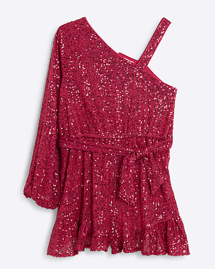 Girls Pink Sequin One Shoulder Playsuit River Island