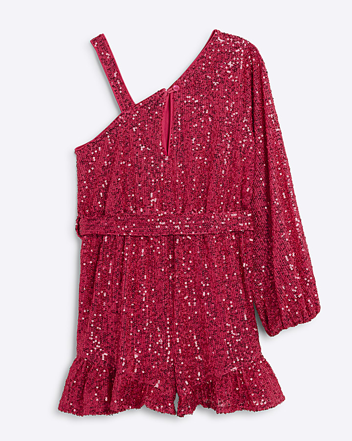 Girls Pink Sequin One Shoulder Playsuit