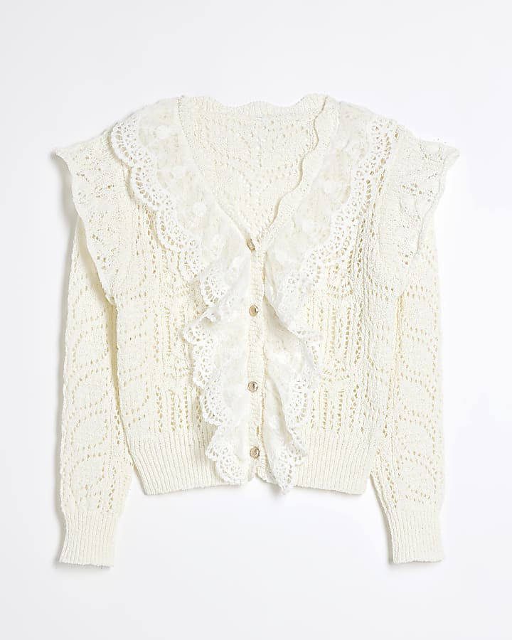 Girls Cream Lace Frill Cardigan