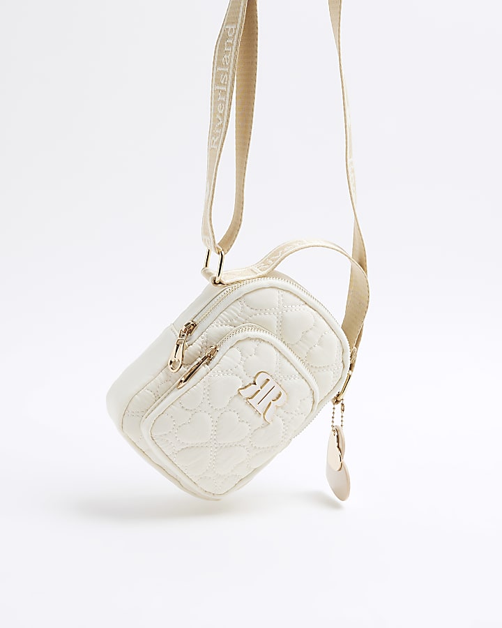 Girls Cream Heart Quilted Cross Body Bag