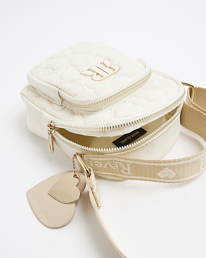 Girls Cream Heart Quilted Cross Body Bag