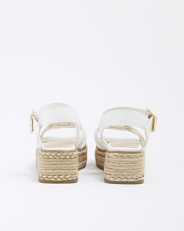 Girls White Faux Leather Weave Wedge Sandals