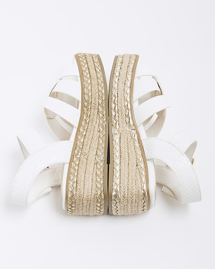 Girls White Faux Leather Weave Wedge Sandals