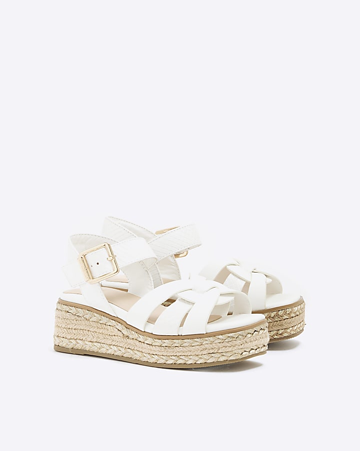 Girls White Faux Leather Weave Wedge Sandals