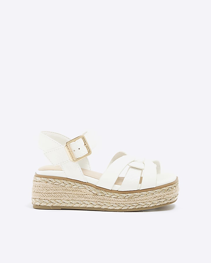 Girls White Faux Leather Weave Wedge Sandals