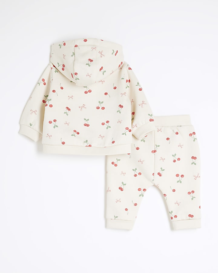 Baby Girls Beige Cherry Zip Hoodie Set