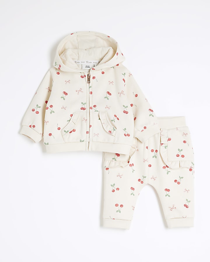 Baby Girls Beige Cherry Zip Hoodie Set