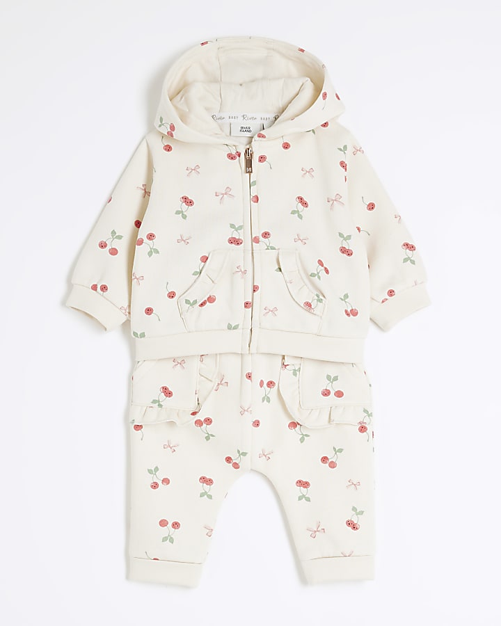 Baby Girls Beige Cherry Zip Hoodie Set