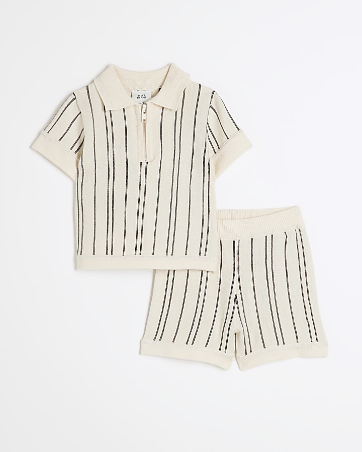 Baby Boys Grey Knitted Stripe Polo Shirt Set