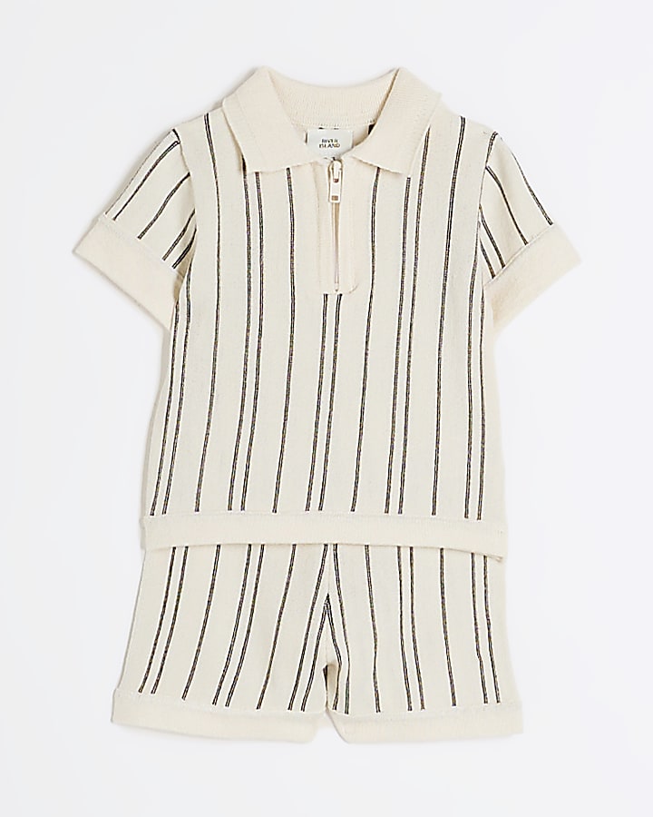 Baby Boys Grey Knitted Stripe Polo Shirt Set