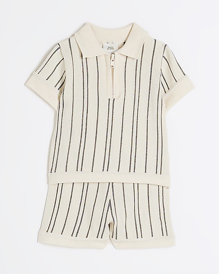 Baby Boys Grey Knitted Stripe Polo Shirt Set