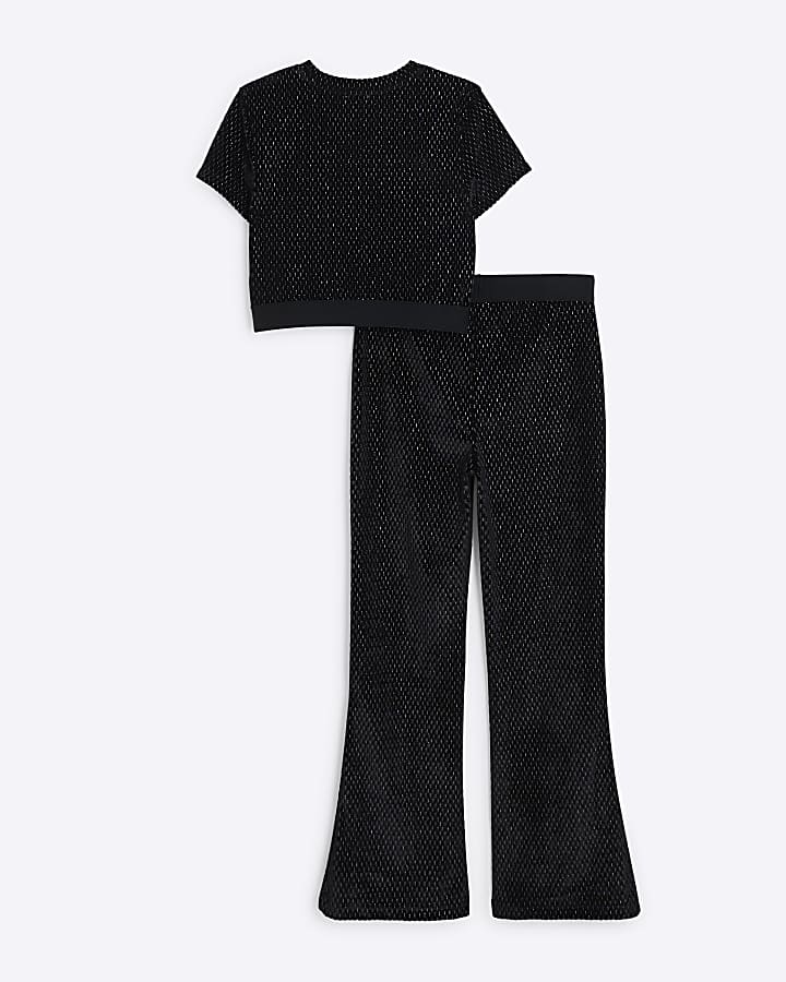 Girls Black Velvet Top And Leggings Flare Set