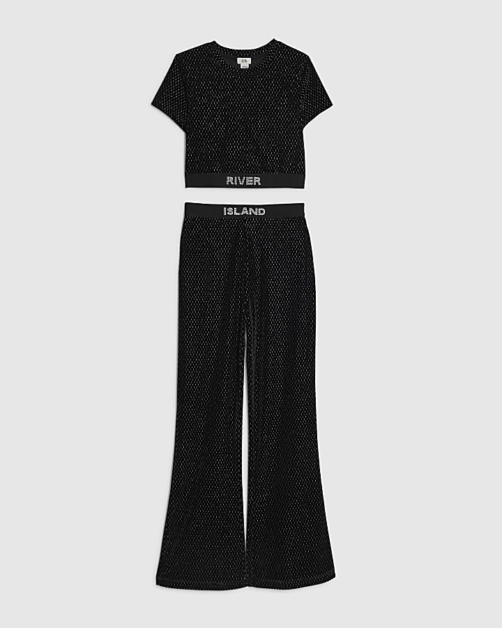 Girls Black Velvet Top And Leggings Flare Set