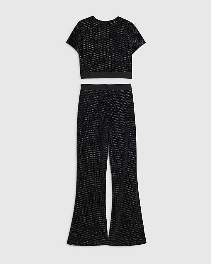 Girls Black Velvet Top And Leggings Flare Set