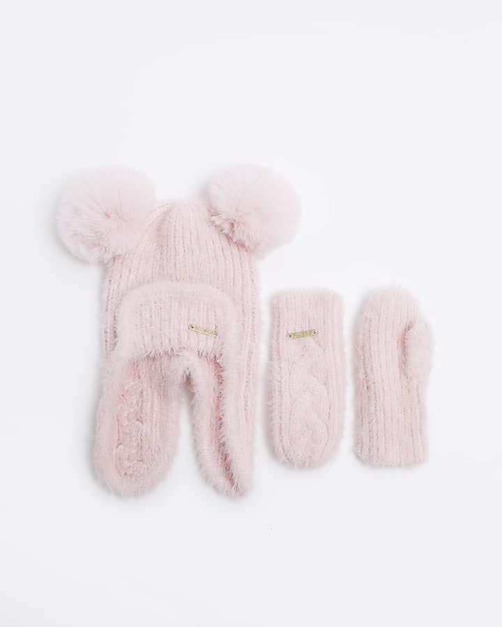 Mini Girls Pink Trapper Hat and Gloves Set