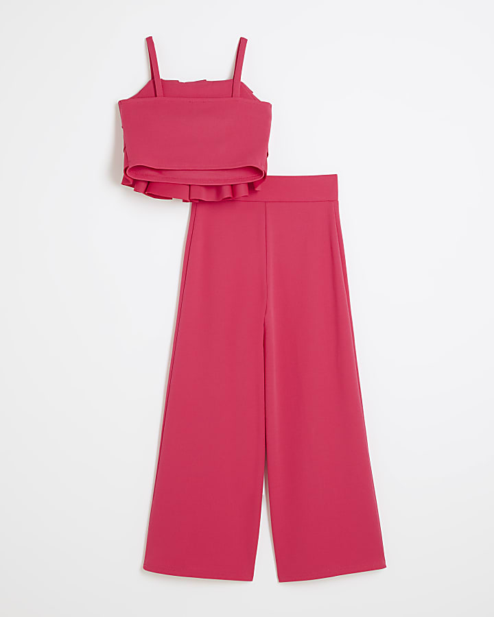 Girls Pink Ruffle Top and Wide Leg Set