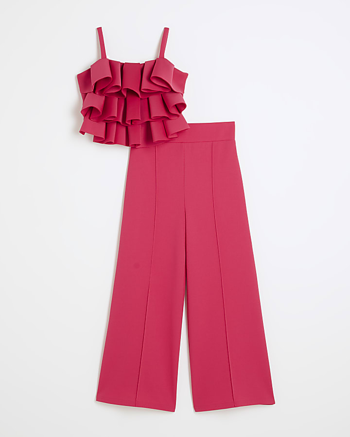 Girls Pink Ruffle Top and Wide Leg Set