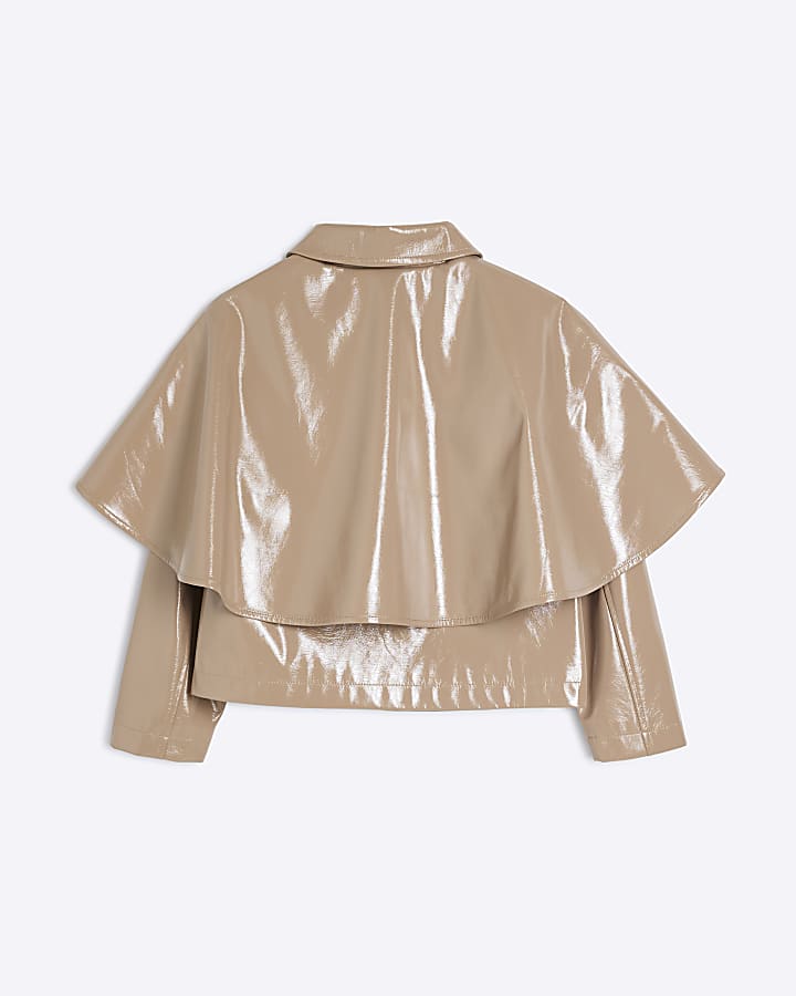 Girls Beige Faux Leather Cape Jacket