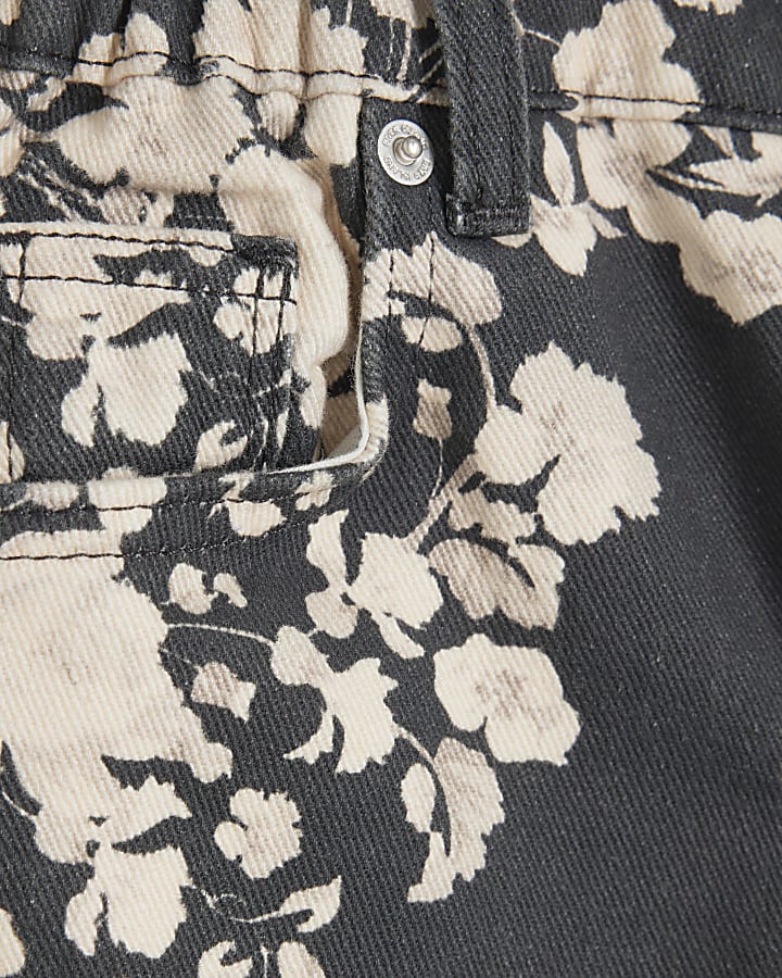 Girls Black Denim Floral Straight Leg Jeans