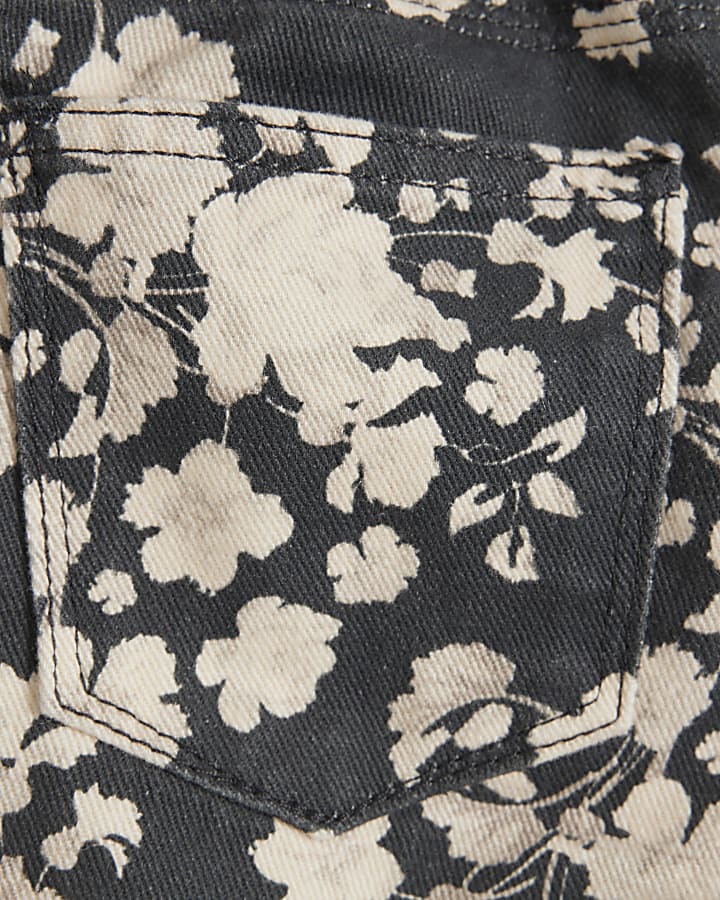 Girls Black Denim Floral Straight Leg Jeans
