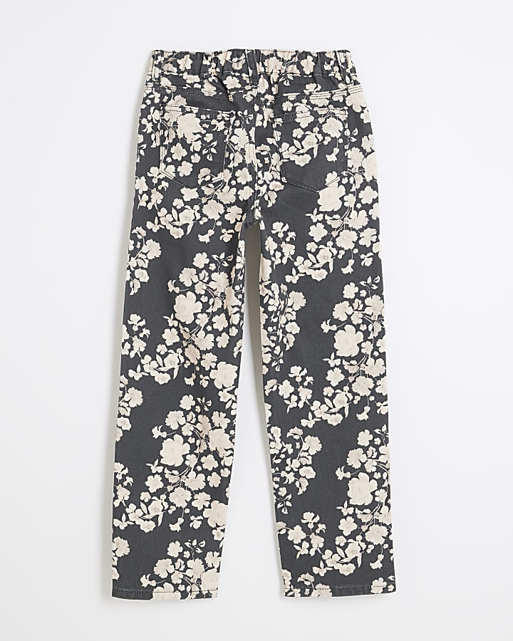 Girls Black Denim Floral Straight Leg Jeans