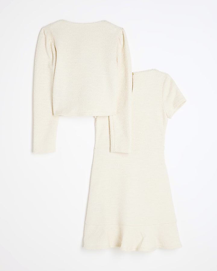 Girls Cream Boucle Cream Dress & Jacket Set