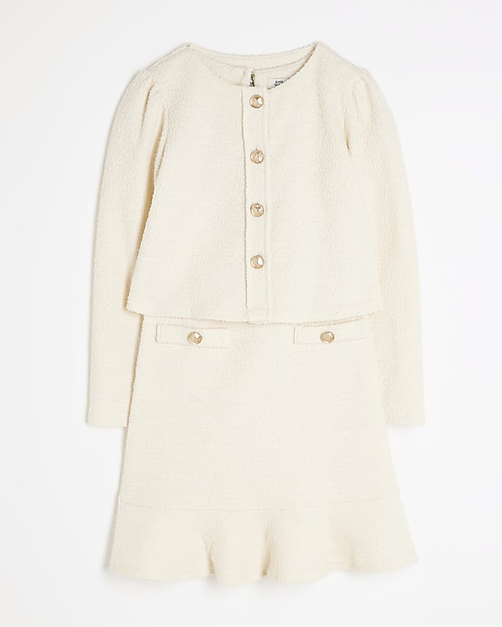 Girls Cream Boucle Cream Dress & Jacket Set