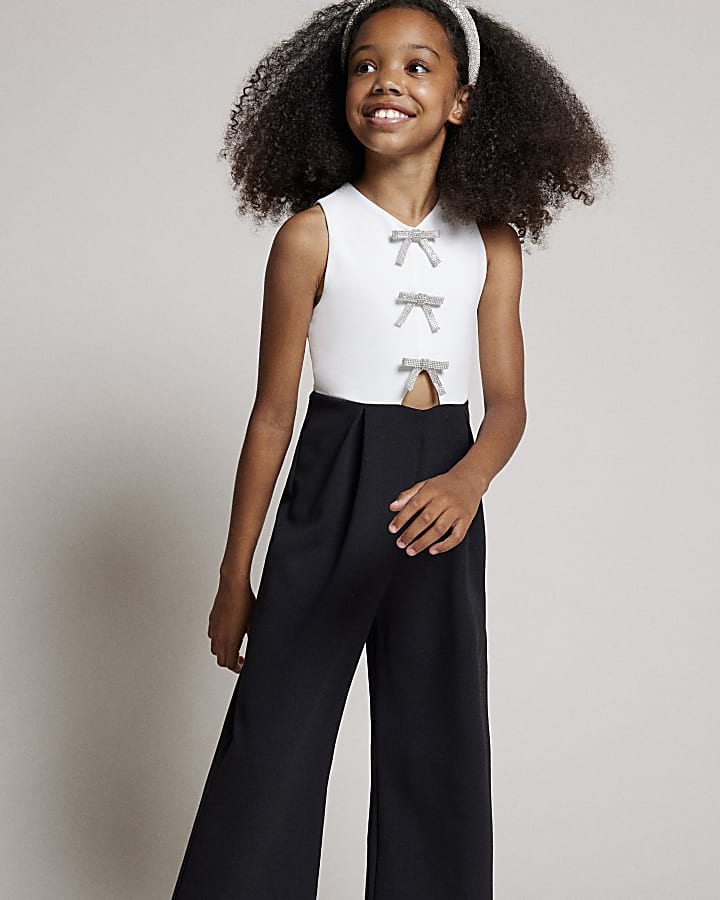 Girls Black Scuba Bow Jumpsuit