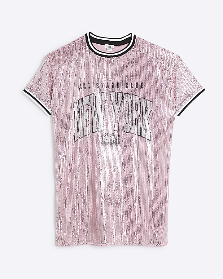 Girl Pink Sequin New York T-Shirt Dress