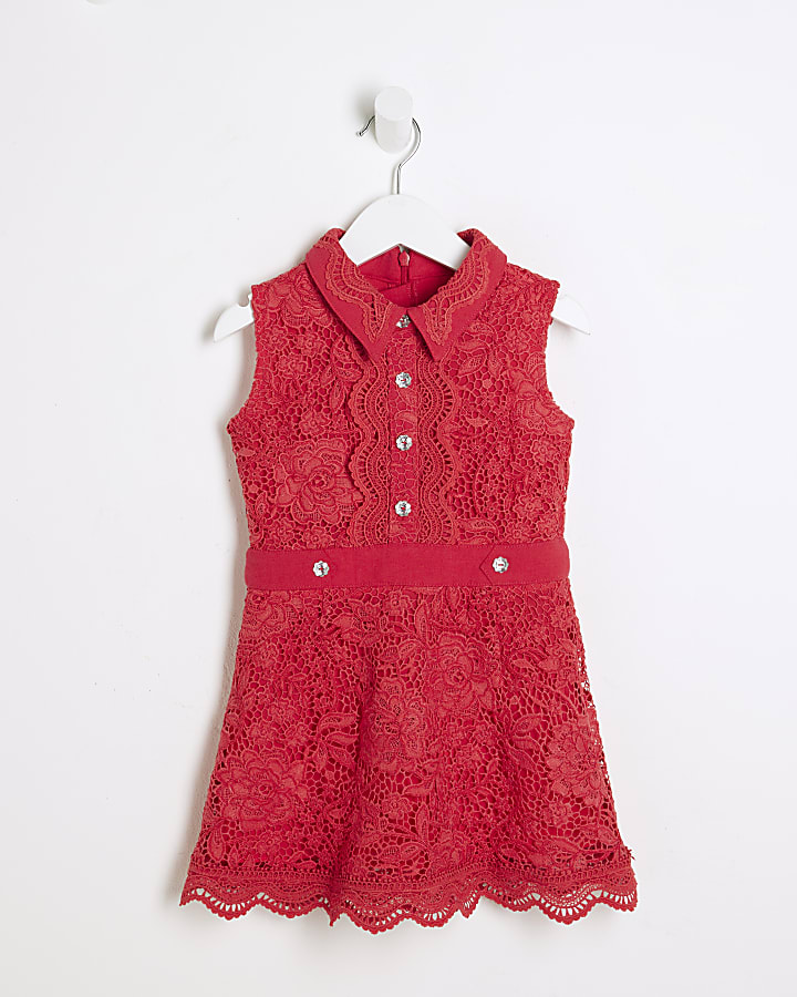 Mini Girls Red Lace Shirt Dress