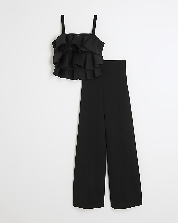 Girls Black Ruffle Top and Wide Leg Set