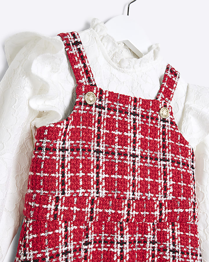 Mini Girls Red Boucle Lace Pinafore Dress Set