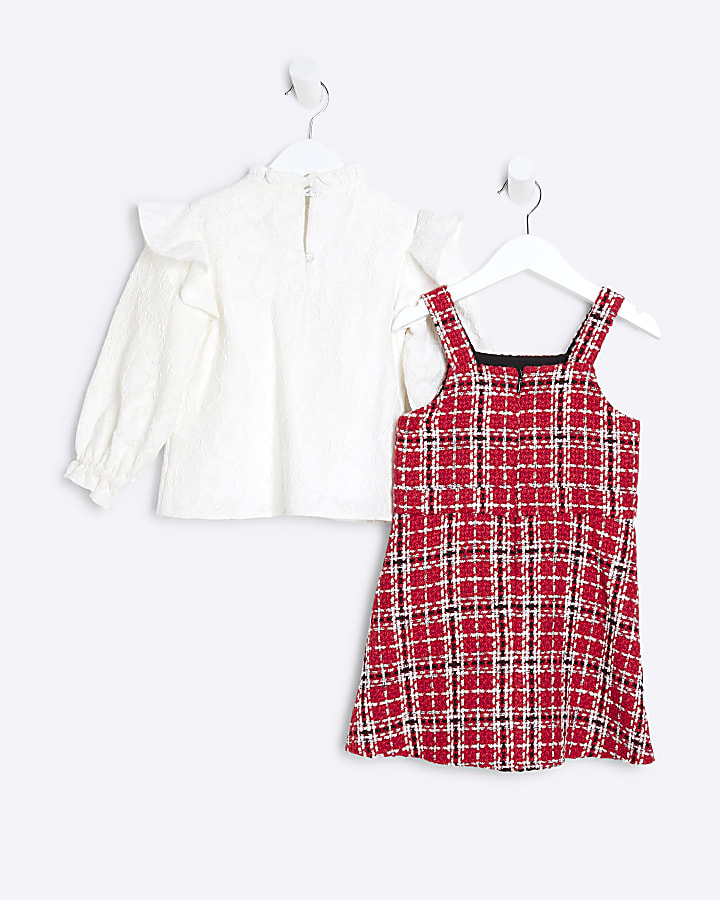 Mini Girls Red Boucle Lace Pinafore Dress Set