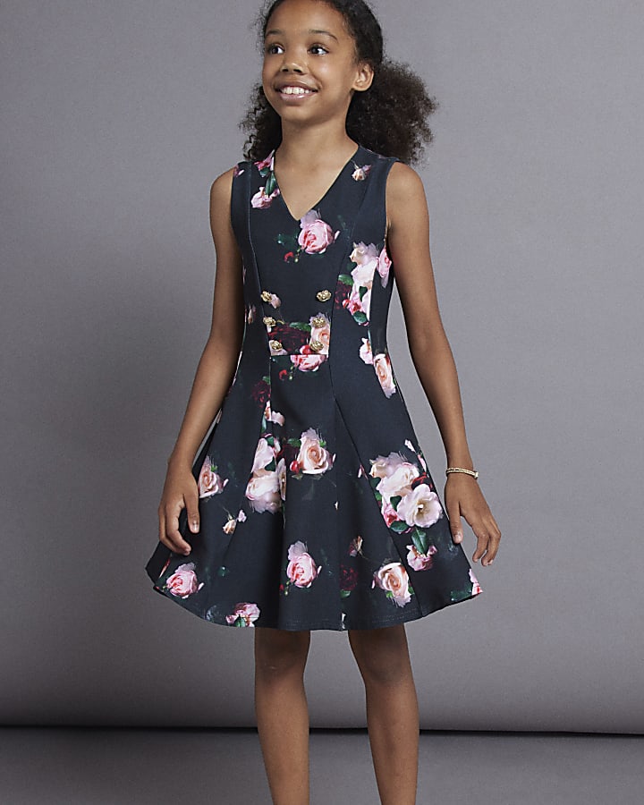 Girls Black Scuba Floral Skater Dress