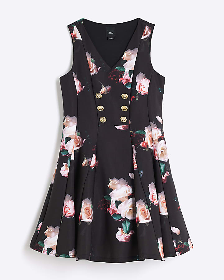 Girls Black Scuba Floral Skater Dress