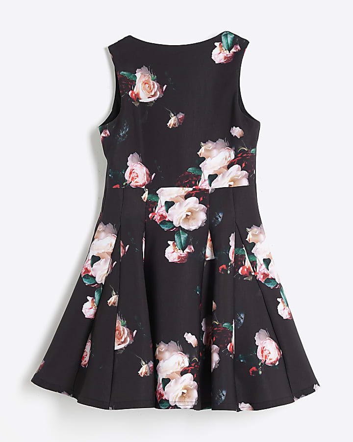 Girls Black Scuba Floral Skater Dress