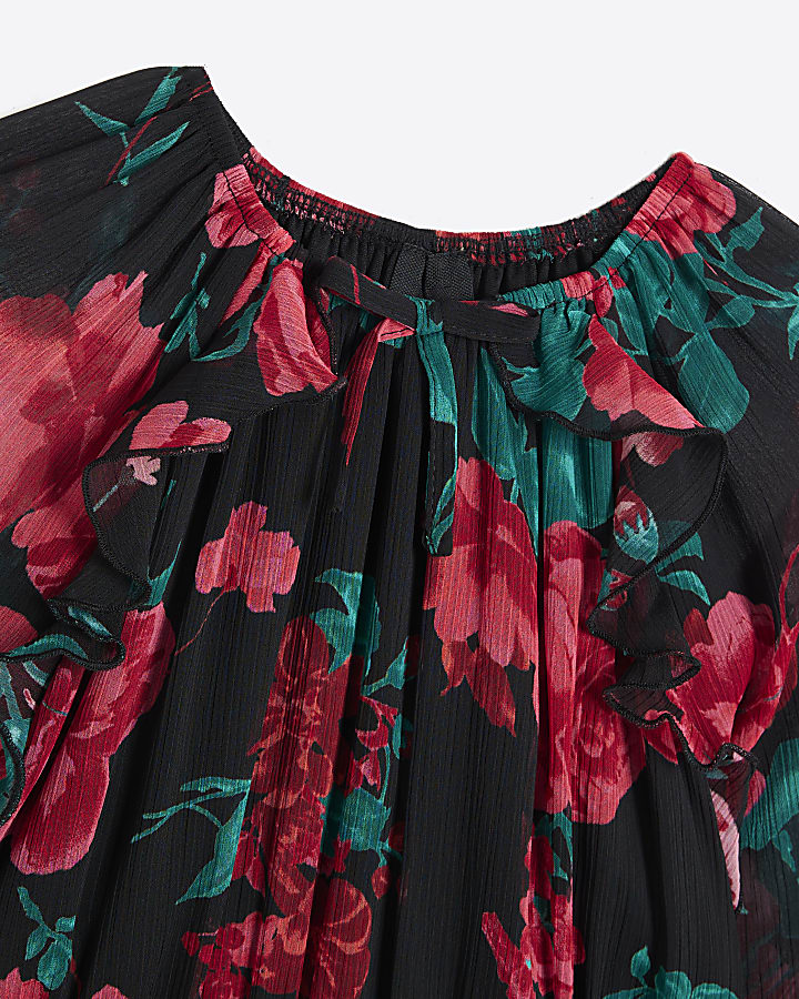 Girls Black Chiffon Floral Long Sleeve Dress