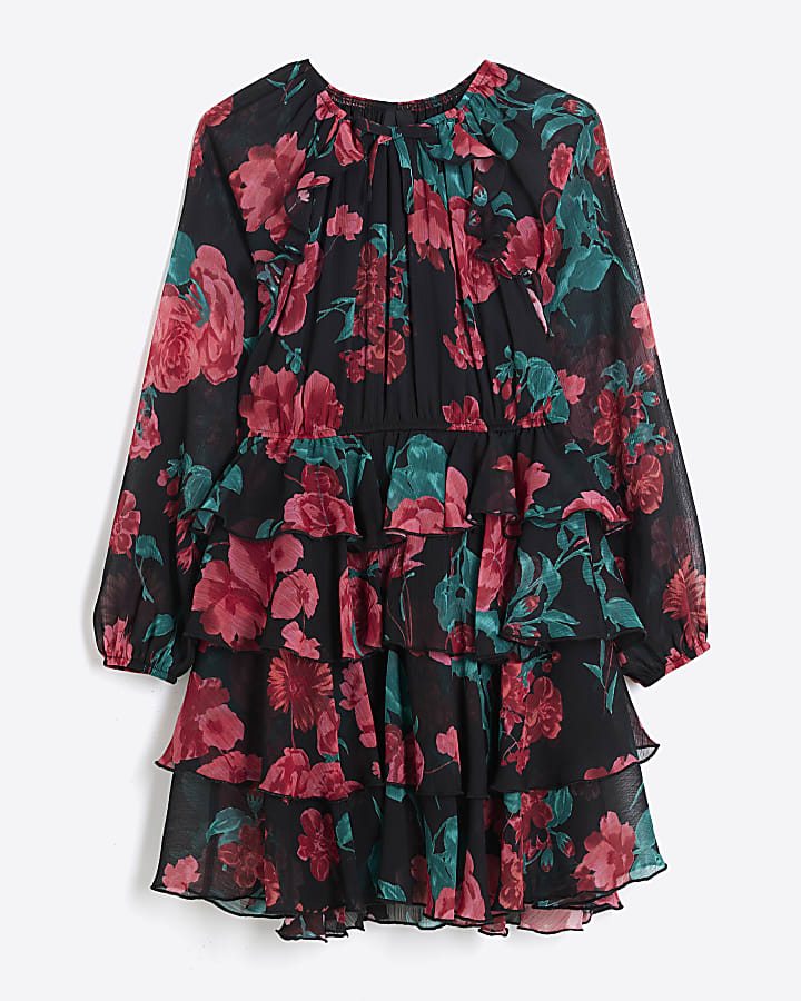 Girls Black Chiffon Floral Long Sleeve Dress