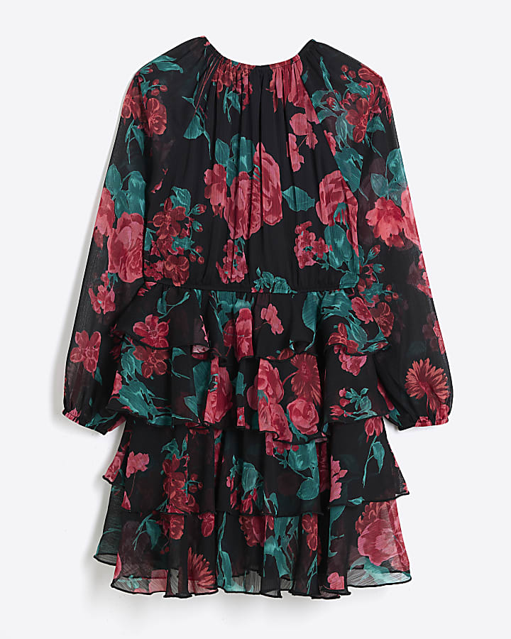 Girls Black Chiffon Floral Long Sleeve Dress