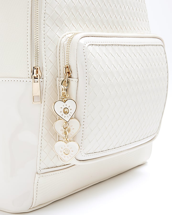 Girls Cream Faux Leather Weave Backpack