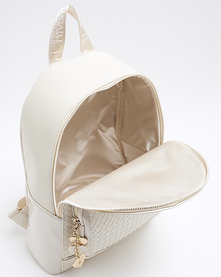 Girls Cream Faux Leather Weave Backpack