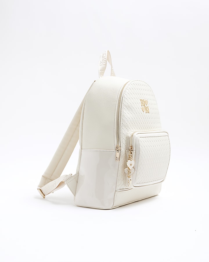 Girls Cream Faux Leather Weave Backpack