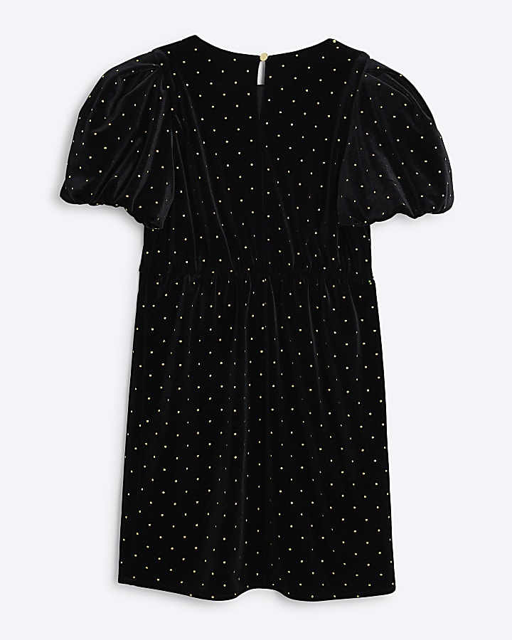 Girls Black Velvet Pin Dot Bow Shift Dress