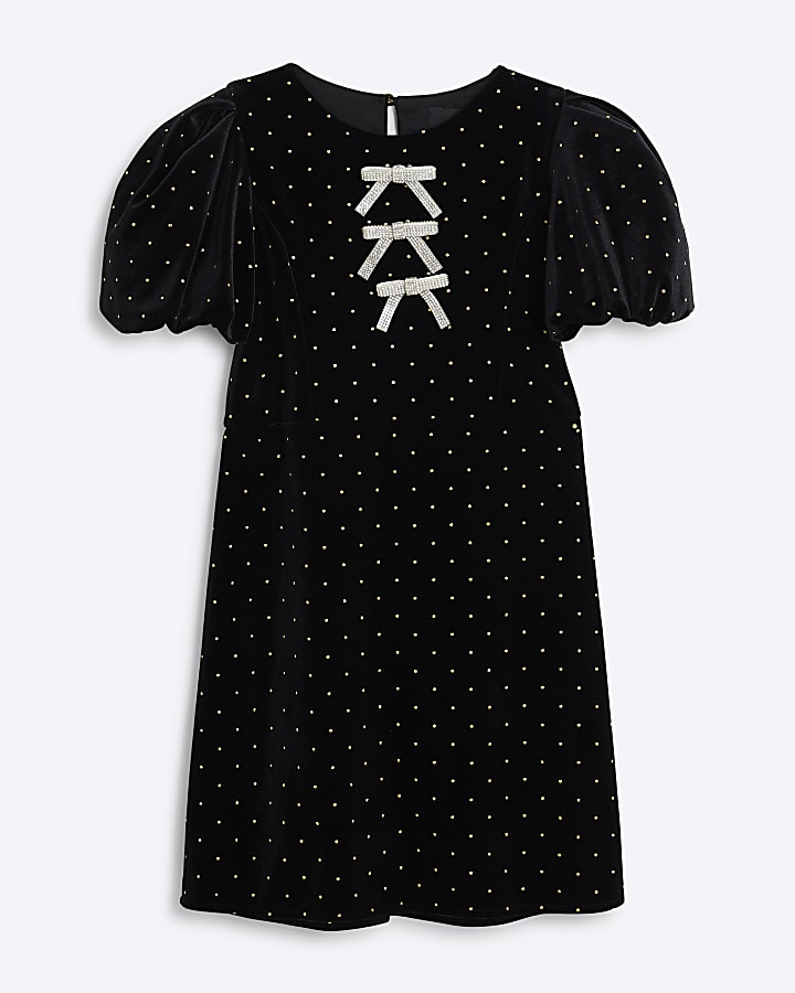 Girls Black Velvet Pin Dot Bow Shift Dress