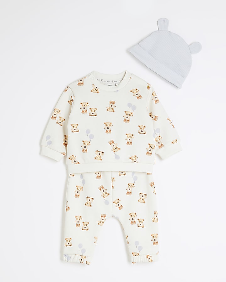 Baby Boys Cream Bear Balloon Sweatshirt Set