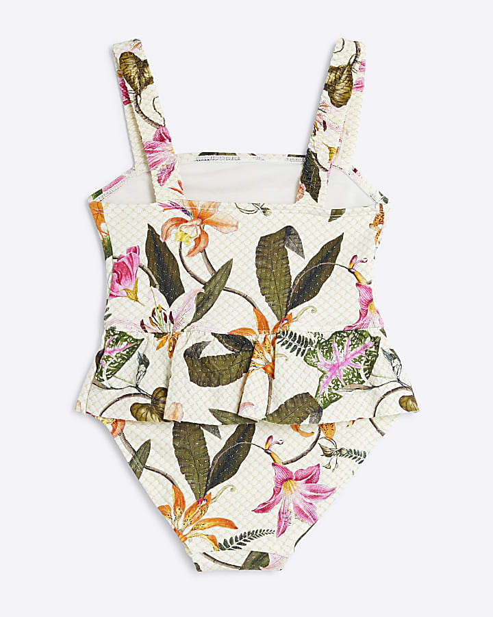 Mini Girls Cream Glitter Tropical Swimsuit