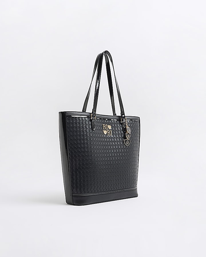 Girls Black Faux Leather Weave Shopper Bag