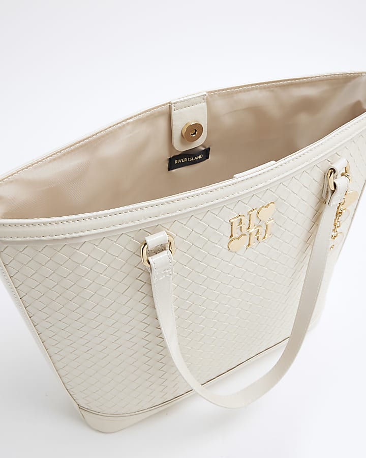 Girls Cream Faux Leather Weave Shoulder Bag