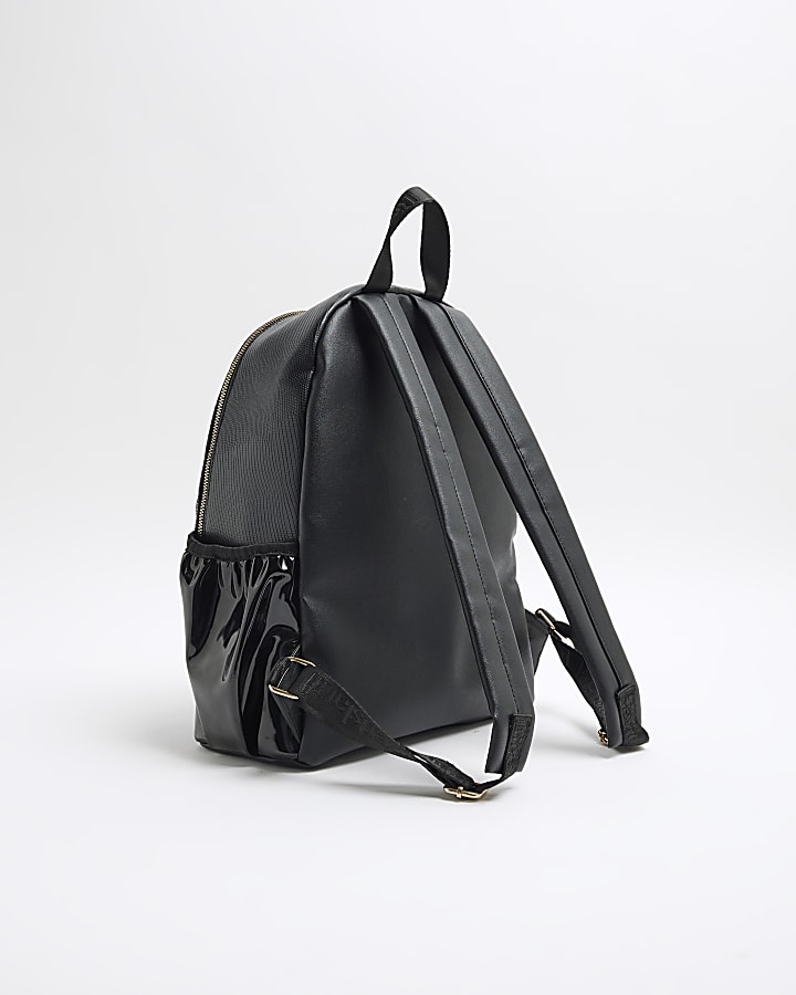 Girls Black Faux Leather Weave Backpack